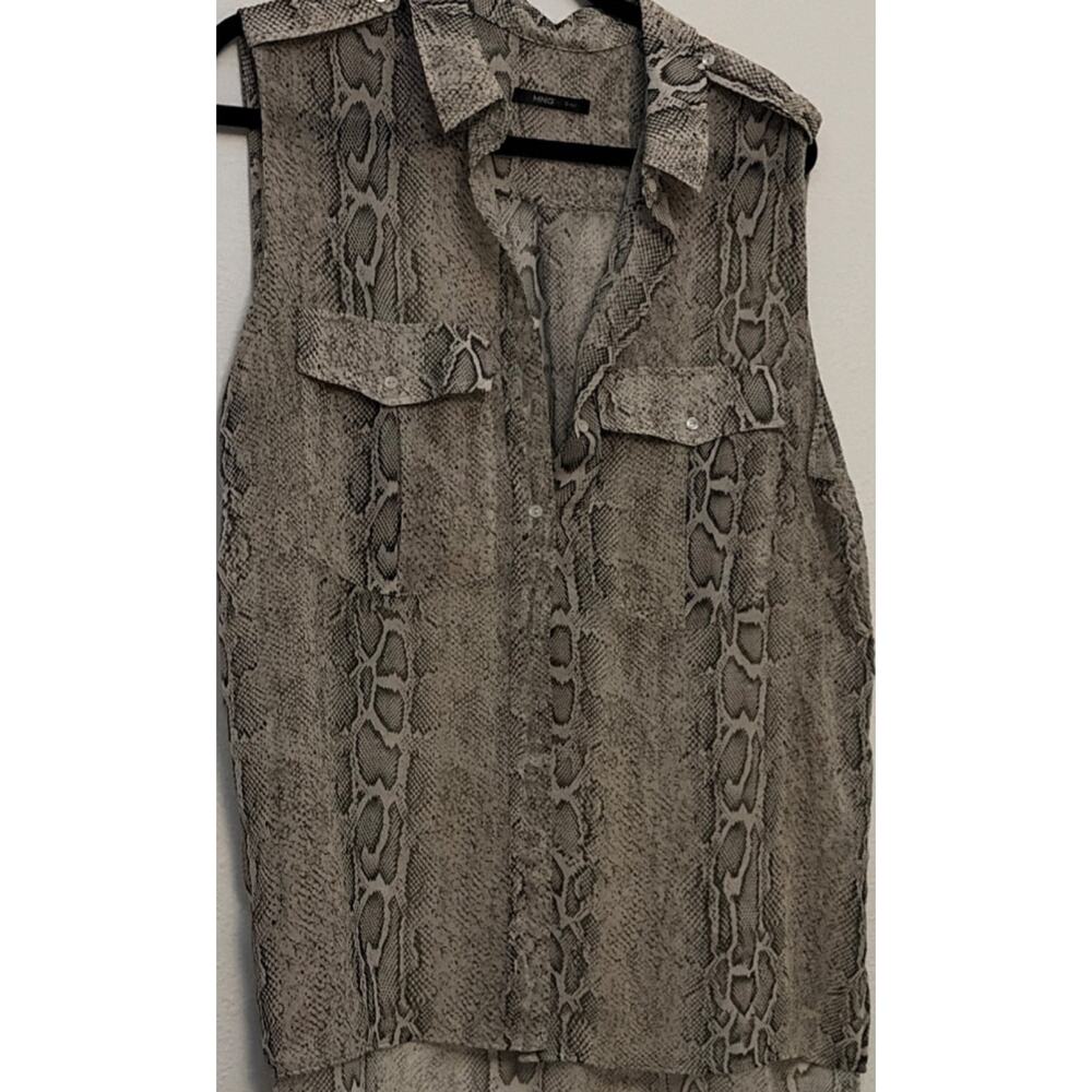 Snake Print Sheer Chiffon Sleeveless Button Collared Blouse xl